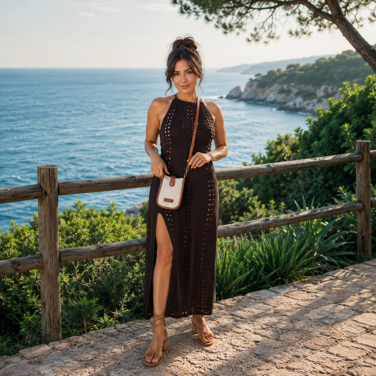 CONJUNTO DE PLAYA PARA MUJER: VESTIDO LARGO DE PLAYA CON MINI BOLSO